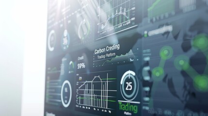 Obraz premium A screen displaying various data visualizations and charts related to carbon crediting, environmental analytics, and trading platforms, highlighting green technology and sustainability efforts.