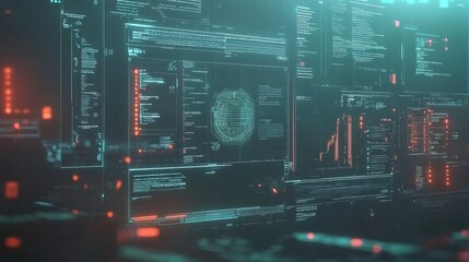 Futuristic digital interface showing data analytics and code, representing advanced technology, cybersecurity, and data science.