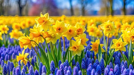 Field of daffodils and grape hyacinths in full bloom, spring, flowers, nature, colorful, garden, vibrant, beauty, petals, blossom