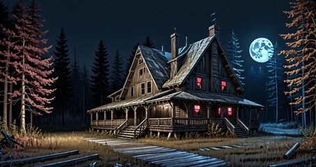 Obraz premium wooden log cabin lodge resort building exterior in the woods at night during autumn. abandoned town houses in the woodland forest during a red fall.