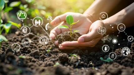 Hands gently hold a young plant in soil, surrounded by icons representing various aspects of sustainability and environmental technology.
