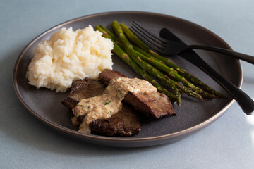 Fried Liver with Mustard Sauce, Asparagus and Mashed Potatoes on a simple gray plate with black fork and knife on light blue background
