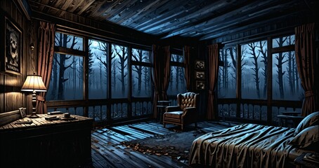 Fototapeta premium interior of an old abandoned building cabin lodge bedroom at night in the woods during a foggy hazy autumn morning. dead trees and red leaves in the forest.