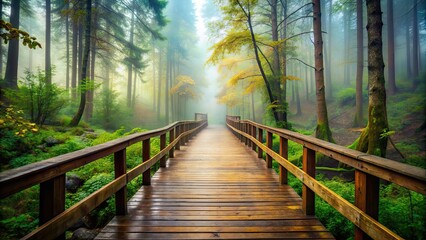 Obraz premium A wooden bridge spanning over a misty forest atmosphere, Bridge, misty, forest, old, wooden, eerie, foggy, ancient