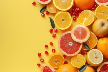 Citrus Fruits and Pomegranate Seeds on Yellow Background