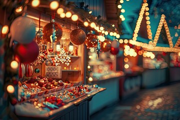 Brightly lit Christmas market with festive stalls