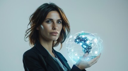A woman holds a glowing digital globe, symbolizing global connectivity and technology, with interconnected lines and nodes representing a network or communication system.