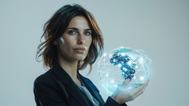 A woman holds a glowing digital globe, symbolizing global connectivity and technology, with interconnected lines and nodes representing a network or communication system. - Powered by Adobe