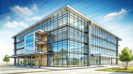 Obraz premium Architectural sketch of a modern office building, architecture, blueprint, design, construction, urban, city
