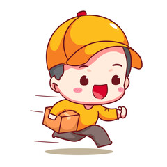 Cute Deliveryman Express Delivery Cartoon Vector. Man Courier wearing uniform and hat delivery package. People Profession concept design. Isolated white background. 