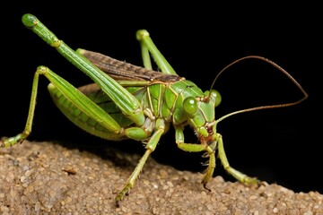 Fototapeta premium Close-up of a Green Katydid with Large Compound Eyes