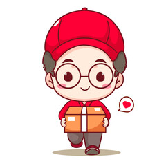 Cute Deliveryman Cartoon Vector. Man Courier wearing uniform and hat delivery package. People Profession concept design. Isolated white background. 