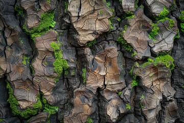 Close-Up of Rough Tree Bark with Green Moss