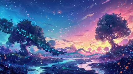 Fototapeta premium A magical landscape with musical notes floating through the air, vibrant trees, and a serene river under a starlit, colorful sky.