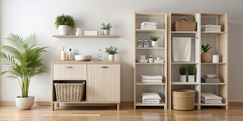 Cabinet in bathroom with shelves and baskets holding clean towels and toiletries in scandinavian style decor, scandinavian