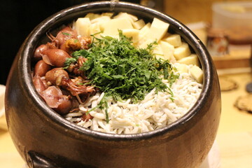 Japanese cuisine : Firefly squid and shirasu (whitebait) takikomi gohan (rice cooked with ingredients) in Kyoto, Japan