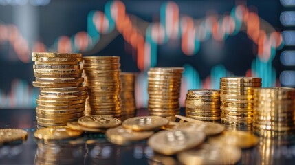A close-up view of stacked coins with a financial graph in the background, representing investment and economic growth.