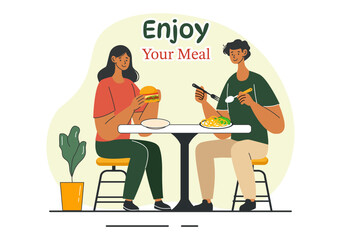 Fototapeta premium Enjoy Your Meal Vector Illustration of a Variety of Delicious Food in Home or Restaurant Settings in Flat Style Cartoon Background Design