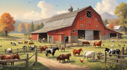 a charming illustration of a rustic barn with a variety of farm animals, such as horses, cows, and chickens, adding a pastoral touch.