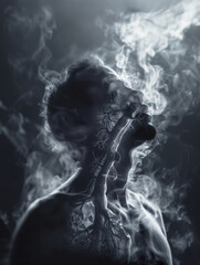 A surreal image of a person smoking, with smoke forming tree-like lungs, emphasizing the harmful effects of smoking on respiratory health.