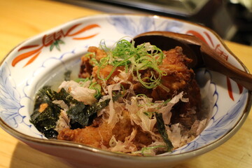 Japanese cuisine : Chicken karaage (Deep fried chicken) with dashi sauce in Kyoto, Japan