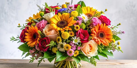 Obraz premium Flower bouquet with seasonal flowers and colors, isolated on a background, flower arrangement, vibrant, cheerful, botanical