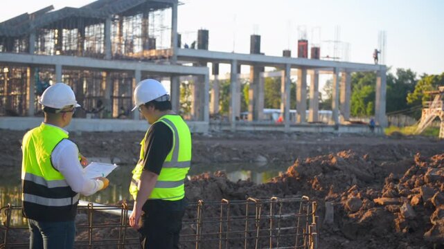 Two Architect man discussing about the building plan and see how the construction progressive at the construction site
