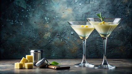 Two cocktail glasses with martini and parmesan, cocktails, glasses, martini, parmesan, cheese, alcohol, drink, bar