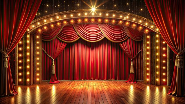 Glamorous empty stage with red curtains and bright lights, ready for a performance in a theater or cabaret setting