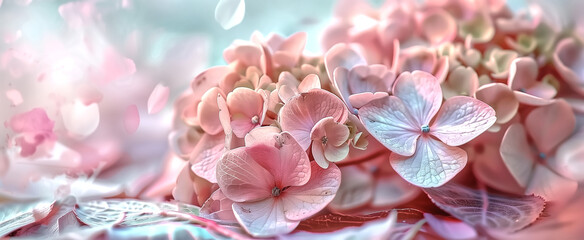 A close-up of a few hydrangea flowers in full bloom, with a few