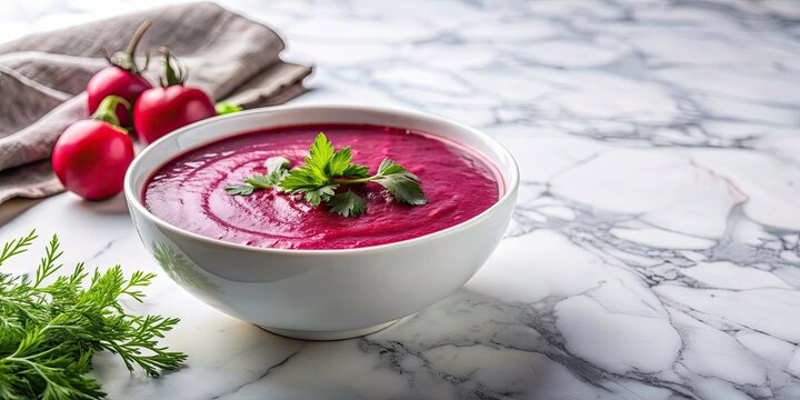 Fresh Cold Beet Soup Auksta zupa on a Marble Counter, beet soup, cold soup, summer dish