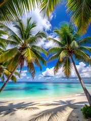 A stunning beach scene with tall palm trees framing a crystal-clear turquoise ocean under a vibrant blue sky