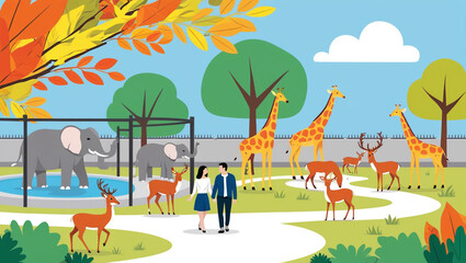Naklejka premium Couple's Day at the Zoo, flat design illustration