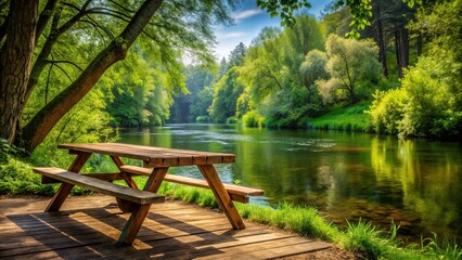 Obraz premium Empty wooden picnic table surrounded by lush greenery beside a tranquil river , park, picnic, table, wooden, seating