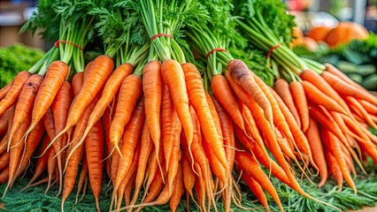 Fresh bunch of carrots with green tops on display at farmers market, carrots, vegetables, fresh, agriculture, organic, market