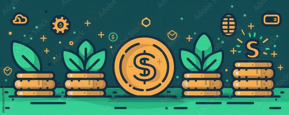 Wall mural Illustration of digital currency growth featuring coins and plants, symbolizing investment and financial prosperity.