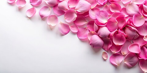 Pink rose petals scattered on a white background, floral, romantic, soft, delicate, beauty, texture, love, Valentine's Day