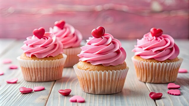 Valentines Day pink cupcakes with heart decorations, Valentines Day, pink, cupcakes, heart, love, romantic - Powered by Adobe