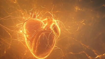 A glowing human heart emits electric sparks against a dark background, evoking an intense and mystical mood. The vivid orange and red colors highlight the heart's texture and details, presenting a - Powered by Adobe