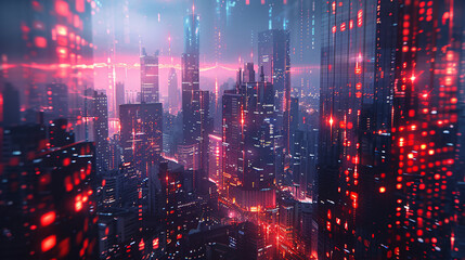 Futuristic Cityscape with Integrated Digital Stock Market Data Overlay