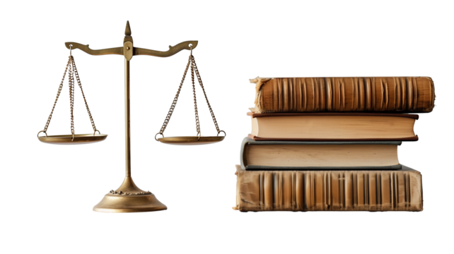 Law book on table with scales of justice isolated on transparent background