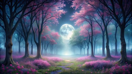 Fototapeta premium Enchanted moonlit forest with pink flowers, mist, and silhouette trees, Enchanted, Moonlit, Forest, Pink, Flowers, Mist