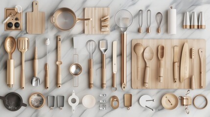 A neatly arranged collection of various wooden and metal kitchen utensils on a marble surface, including spoons, whisks, knives, and measuring cups.