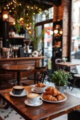 Naklejka premium A vintage coffee shop featuring aromatic espresso and croissants, with intimate seating and charming decor. 