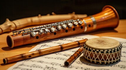 Fototapeta premium A collection of traditional wooden musical instruments, including a flute, clarinet, and drum, rests on sheet music on a wooden table.