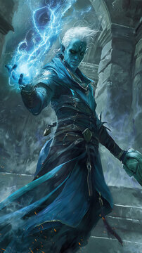 A dynamically posed, blue-skinned elf-like character with white hair, pointed ears, and intricate facial markings is shown casting a powerful blue lightning spell. The character wears a detailed, dark