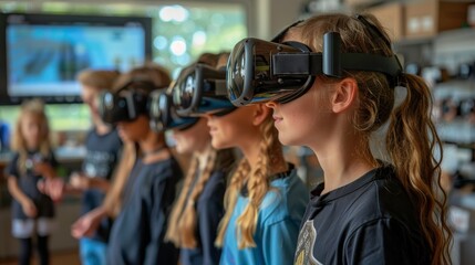 A group of children wearing VR headsets, immersed in a virtual world, experiencing new possibilities.