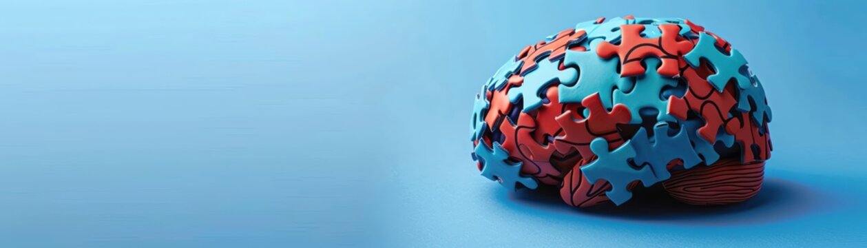 Colorful jigsaw puzzle pieces shaped like a brain.