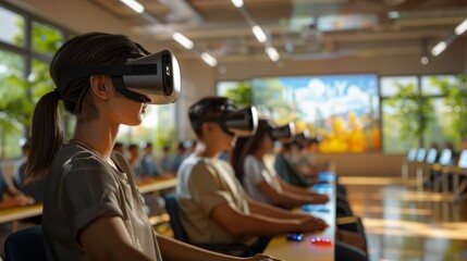 A group of people wearing VR headsets in a modern office setting, engaged in a virtual reality experience.