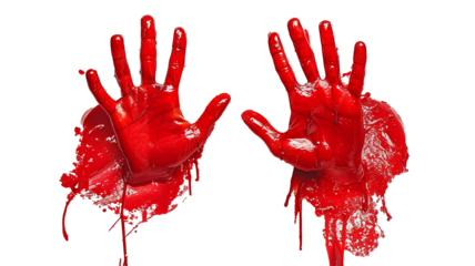 Red palm print with drops and splashes isolated on transparent background